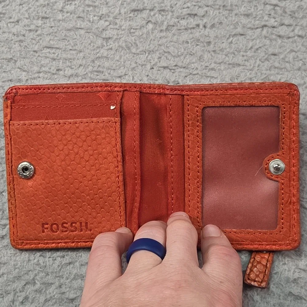 Fossil Key-Per Wallet Womens Maddox Orange Leather Pocket Gator Emboss VTG Y2K